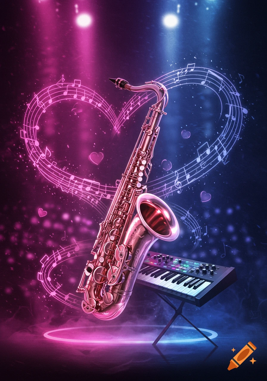 A glowing rose gold saxophone and a synthesizer keyboard under pink and blue stage lights, surrounded by musical notes forming hearts.