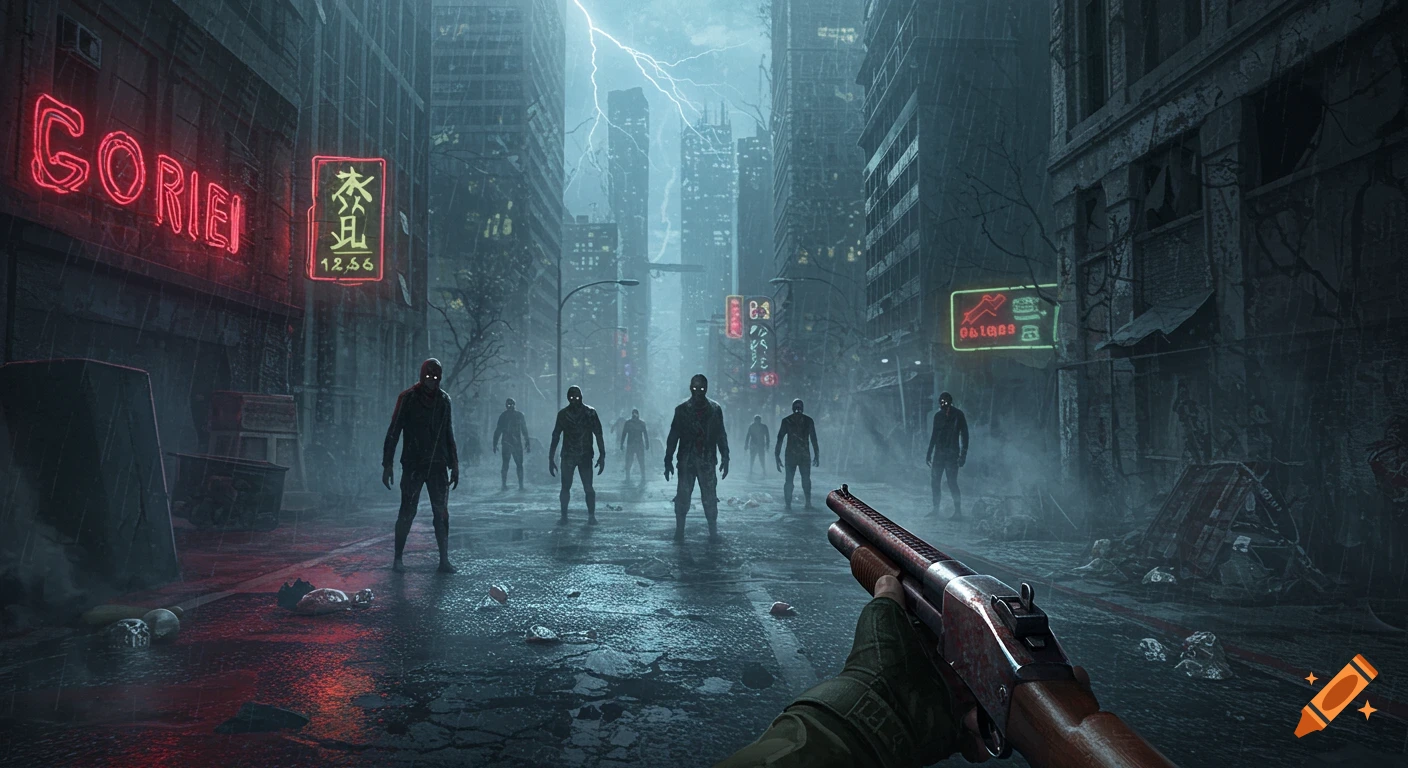 First-person view of a shotgun aiming at numerous zombies on a rainy, ruined city street under a stormy sky with lightning and neon signs. Concept art, dystopian.
