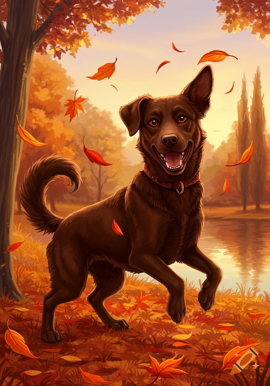Happy chocolate lab dog prancing through an autumn forest with falling orange leaves and a lake in the background, illustrated style.