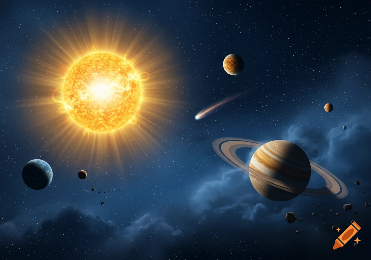 A vibrant illustration of the solar system, featuring a bright sun, planets with rings, a comet, and asteroids against a starry blue space background.