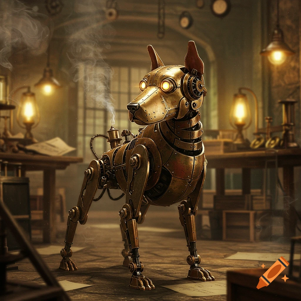 A detailed steampunk dog automaton with glowing eyes, emitting steam, stands in a dimly lit workshop.