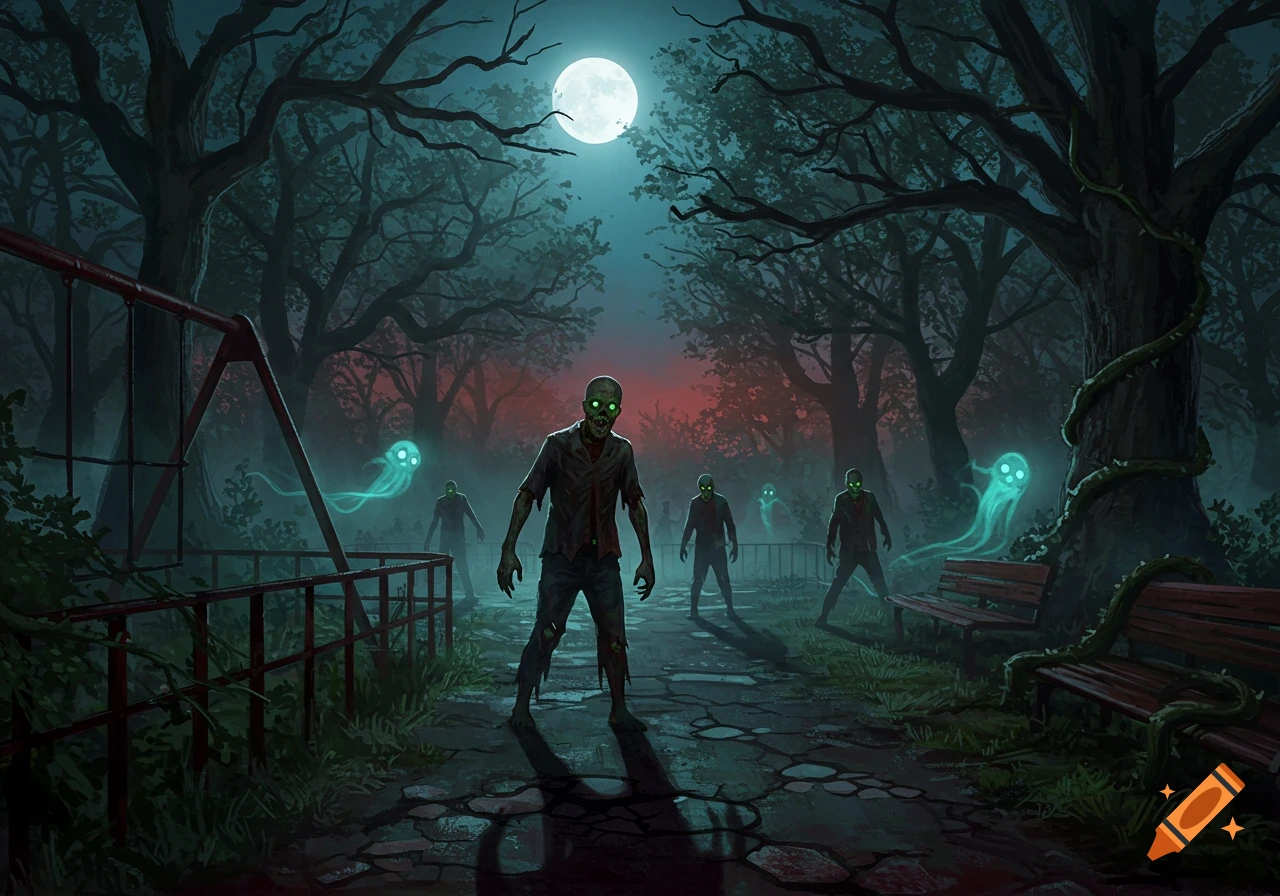 A stylized horror illustration of several zombies and glowing blue ghosts in a dark, moonlit, overgrown park at night.