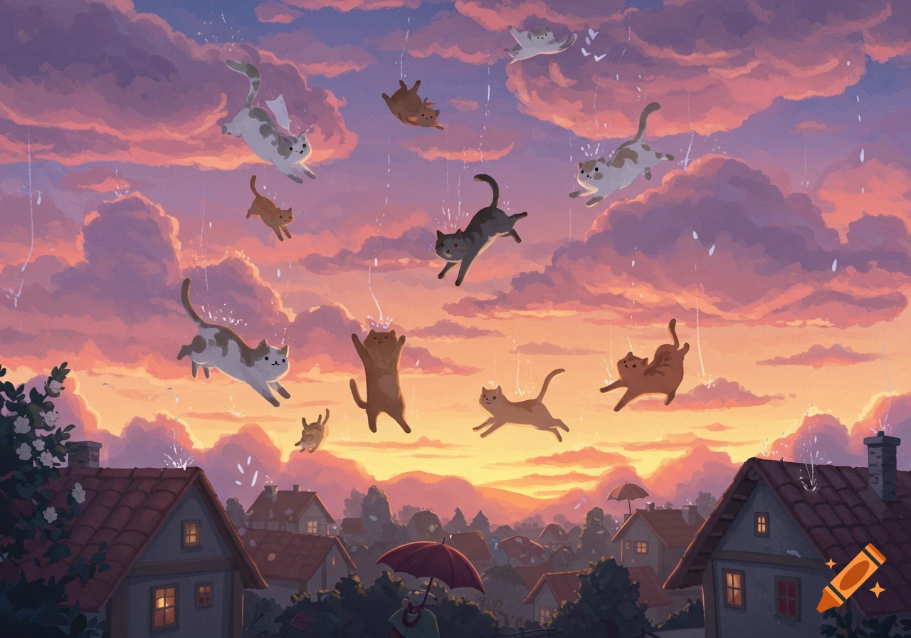 Whimsical illustration of many cartoon cats falling from a colorful sunset sky over a village with houses and trees.
