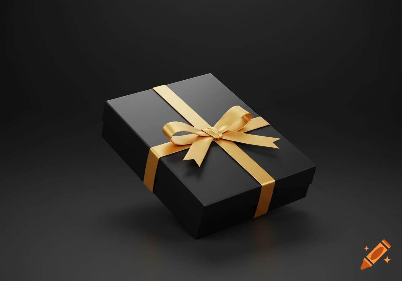 A black gift box with a gold ribbon, angled on a dark background.