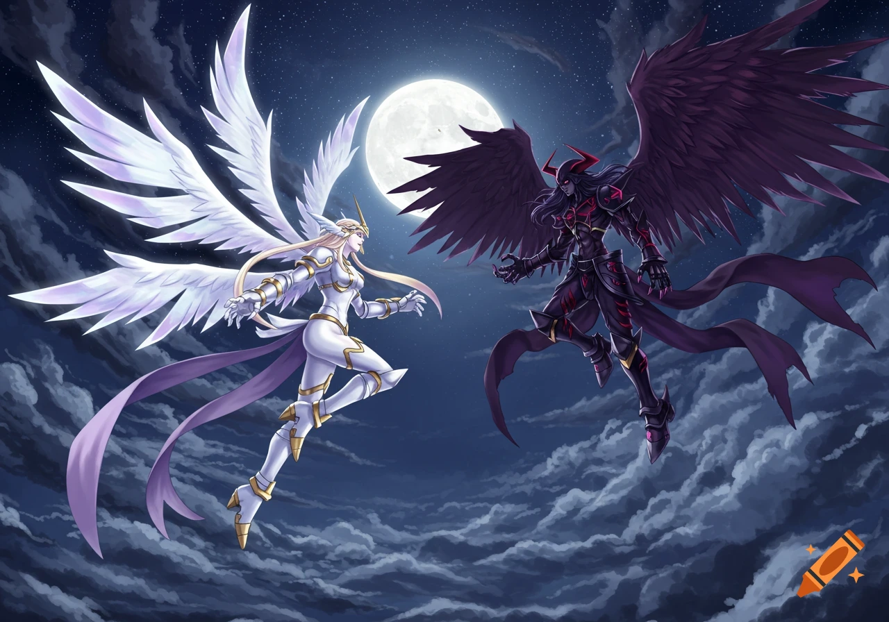 Two winged figures, an angelic woman in white and a demonic man in black, face off in a starry night sky with a full moon.