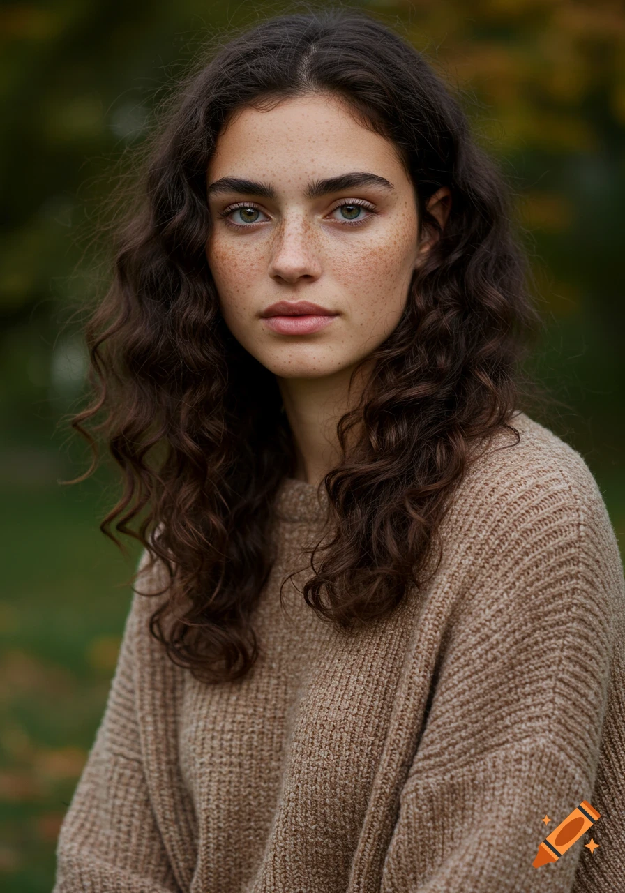Photorealistic portrait of a young woman with dark wavy hair, freckles, and hazel eyes, wearing a beige sweater outdoors.