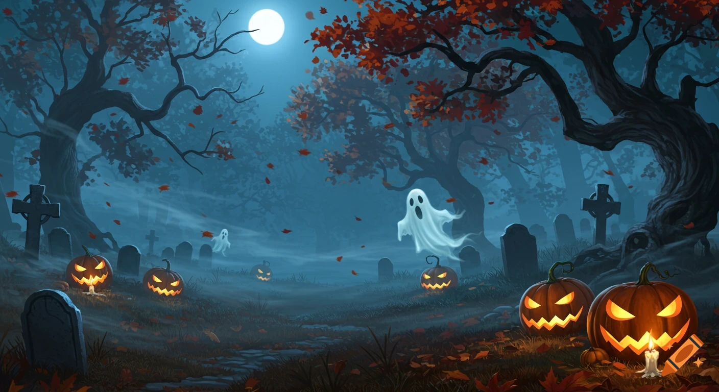 Misty Halloween graveyard at night with a full moon, spooky trees, falling orange leaves, glowing jack-o'-lanterns, and cartoon ghosts.