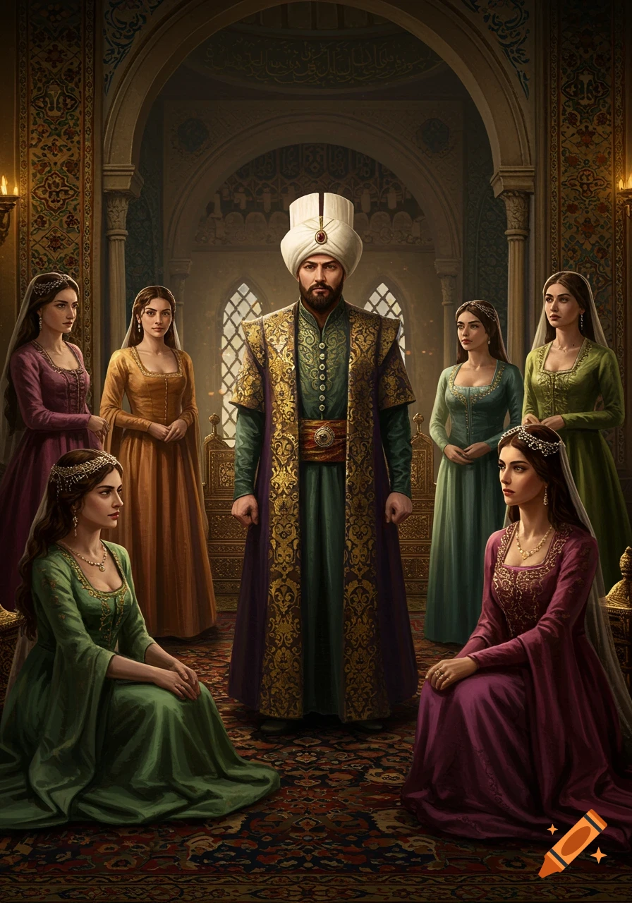 A man in ornate robes and turban stands among five women in elegant dresses within a richly decorated historical palace.