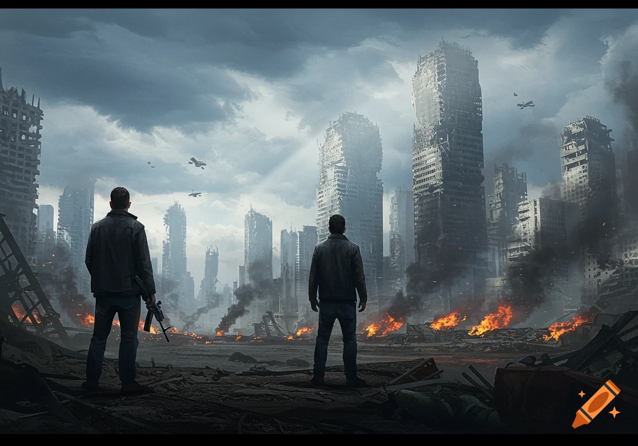 Two men look at a burning, ruined city under a cloudy sky with flying vehicles. Post-apocalyptic digital art.