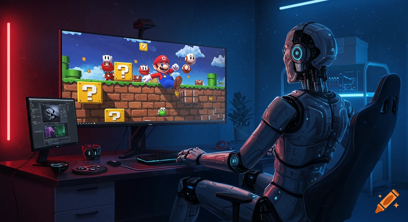 A robot in a gaming chair playing Super Mario Bros. on a large monitor in a dark room with red and blue LED lights.
