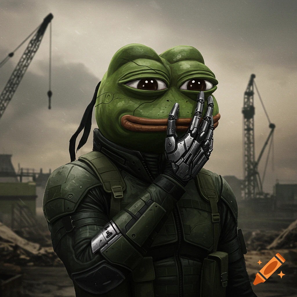 Photorealistic image of Pepe the Frog in military gear, with a cybernetic hand covering his face, in a desolate industrial setting.