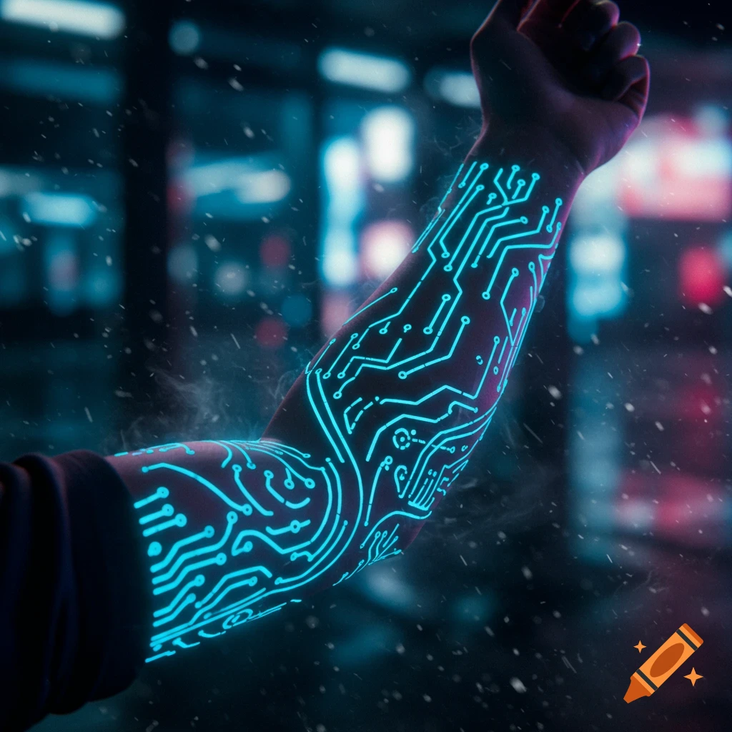A futuristic cybernetic arm with glowing blue circuit board patterns, set against a blurry neon city background in the snow.