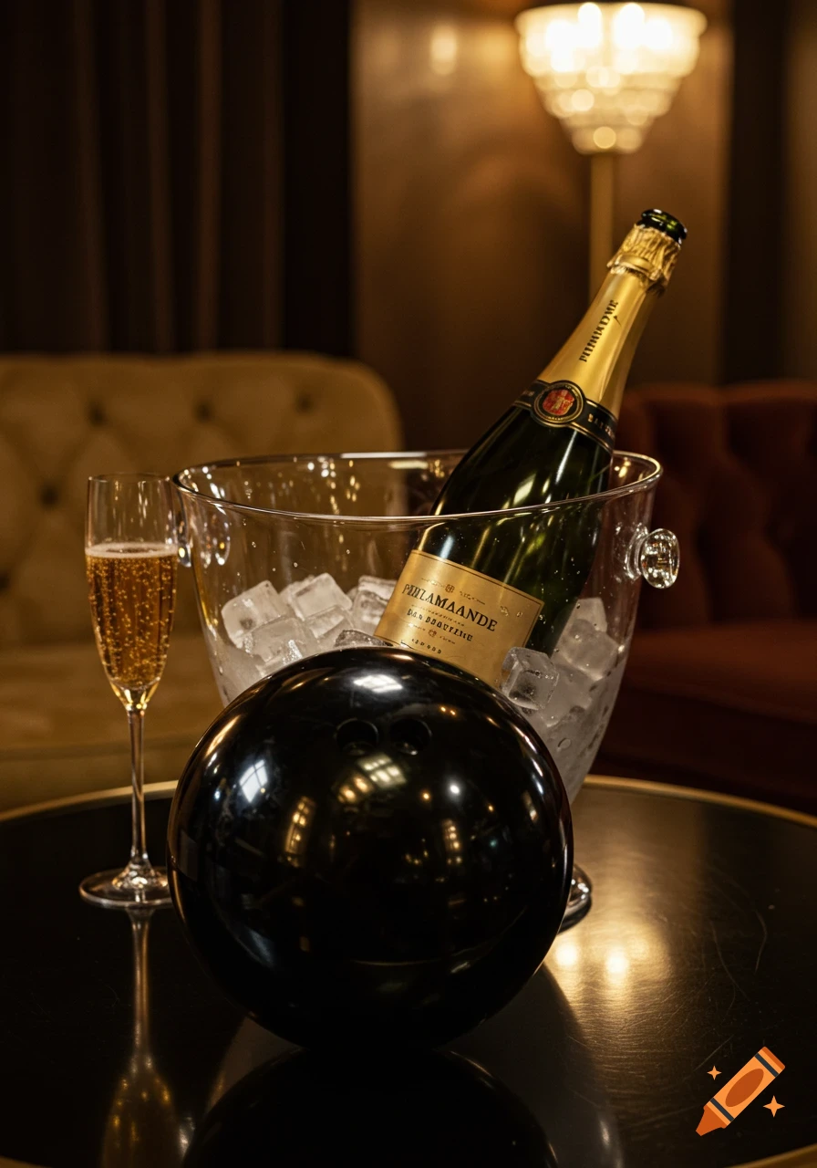 A photorealistic still life of a black bowling ball, a champagne bottle in an ice bucket, and a glass of champagne on a dark table.