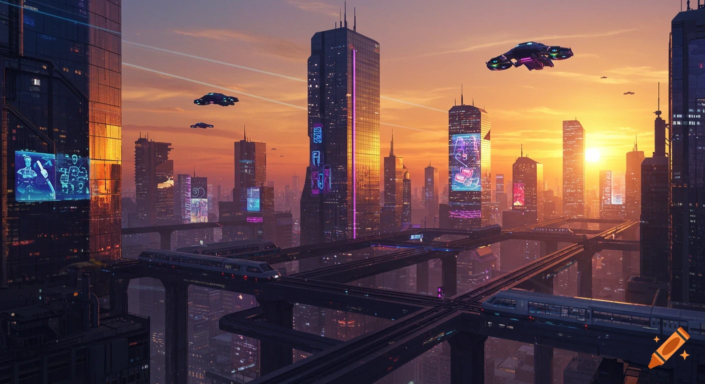 A vibrant cyberpunk cityscape at sunset with towering neon-lit skyscrapers, elevated trains, and flying vehicles against an orange sky.