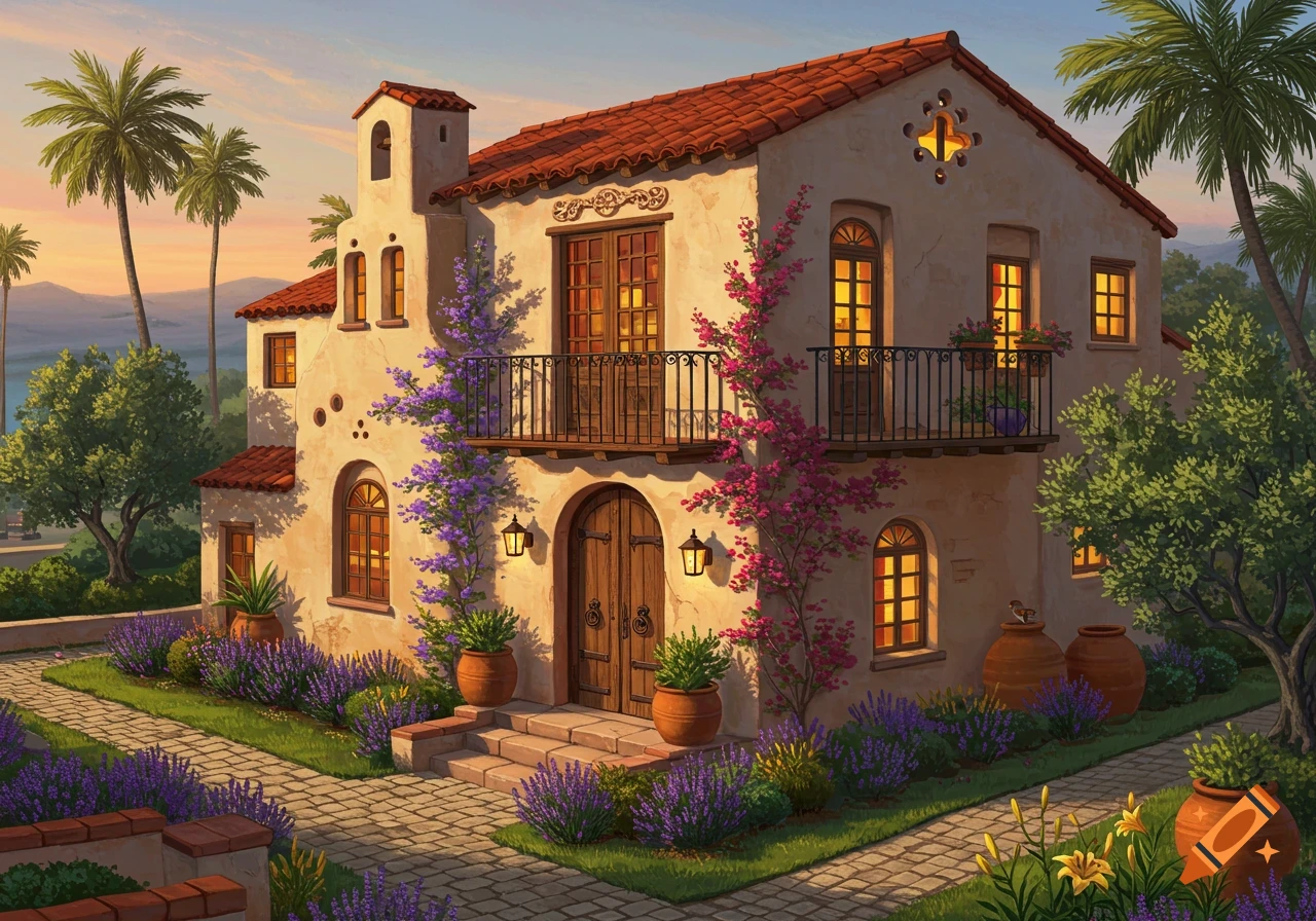 A charming Spanish Revival house with a red-tiled roof, stucco walls, a balcony, and a garden with purple flowers and palm trees at sunset.