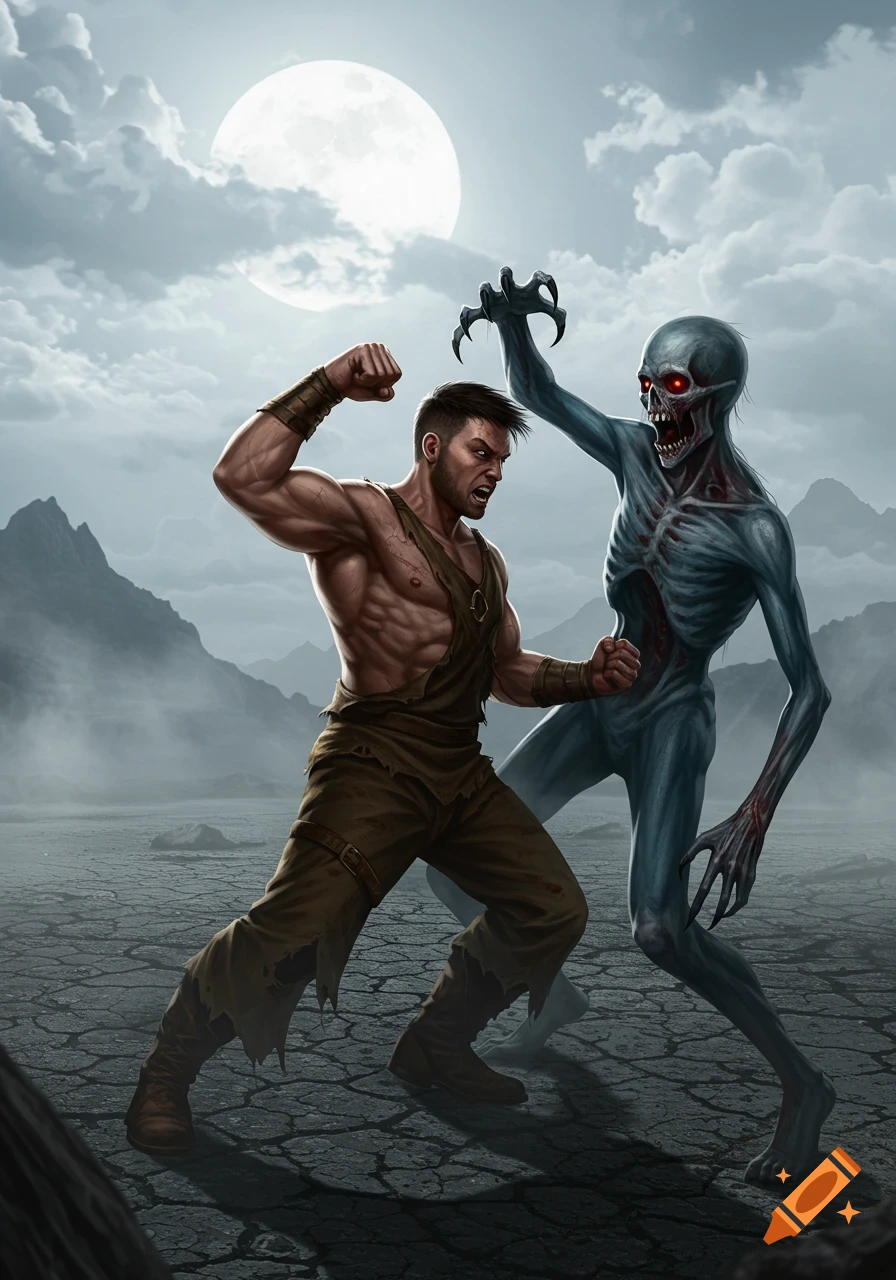 A muscular man in rags fist fights a skeletal ghoul on a cracked, barren land under a full moon, digital fantasy art.
