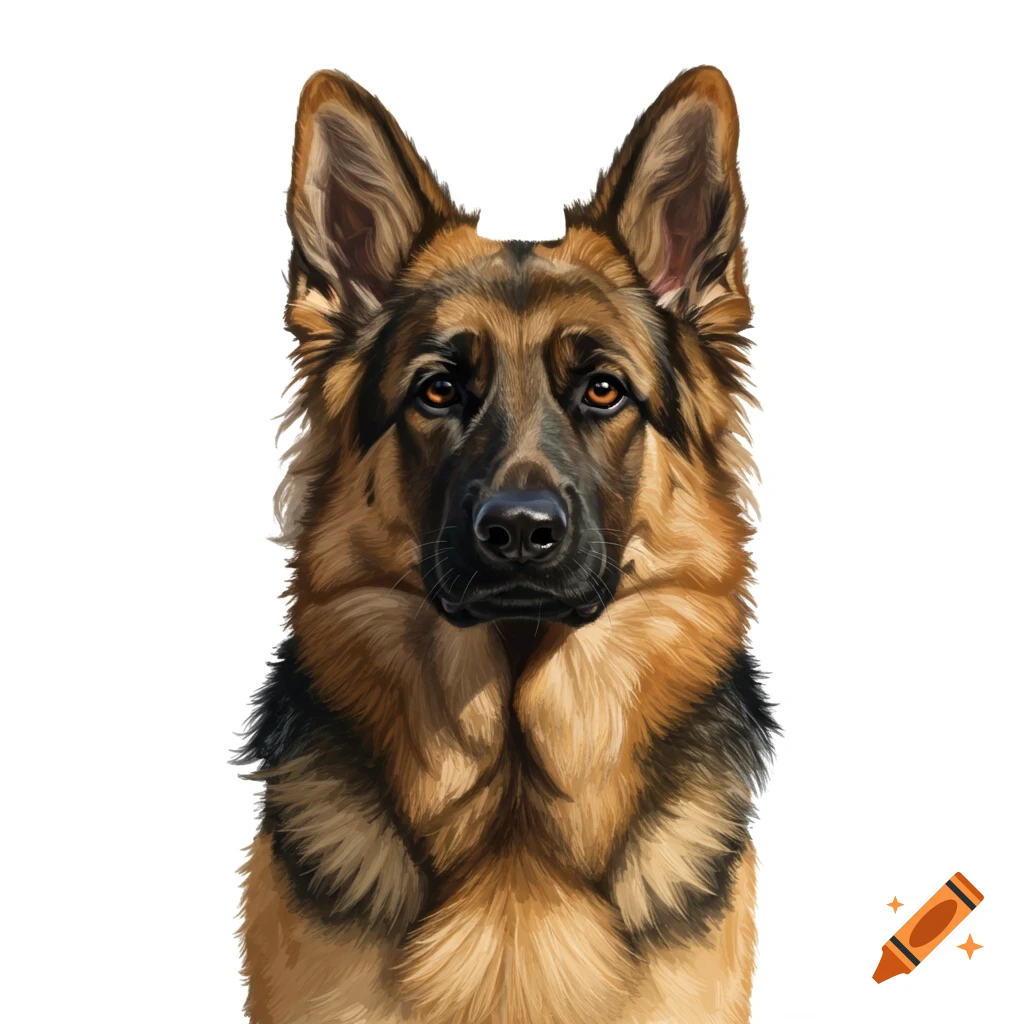 Detailed headshot of a German Shepherd dog looking forward on a white background.