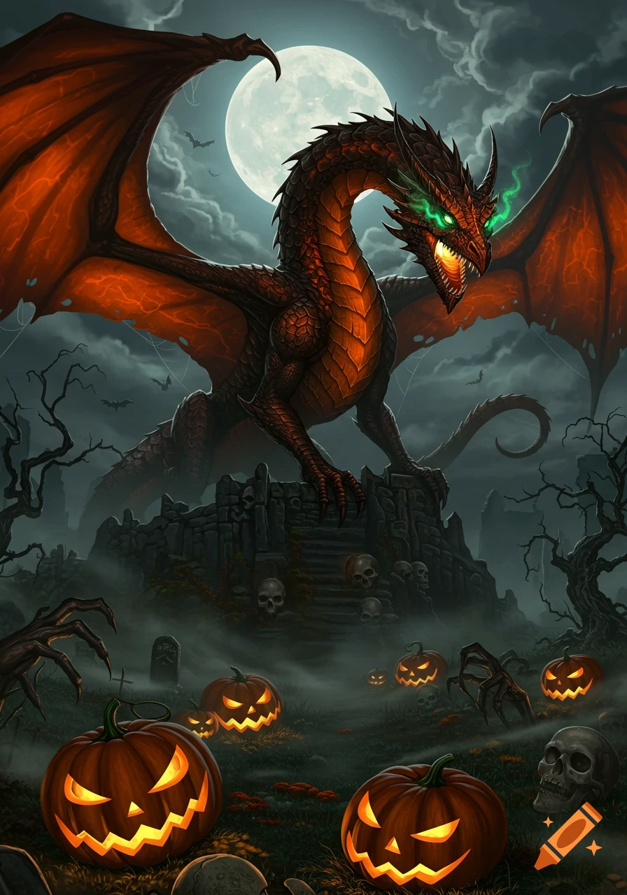 A large red and orange dragon on a ruined castle under a full moon, with glowing jack-o'-lanterns and skulls in a misty Halloween cemetery.