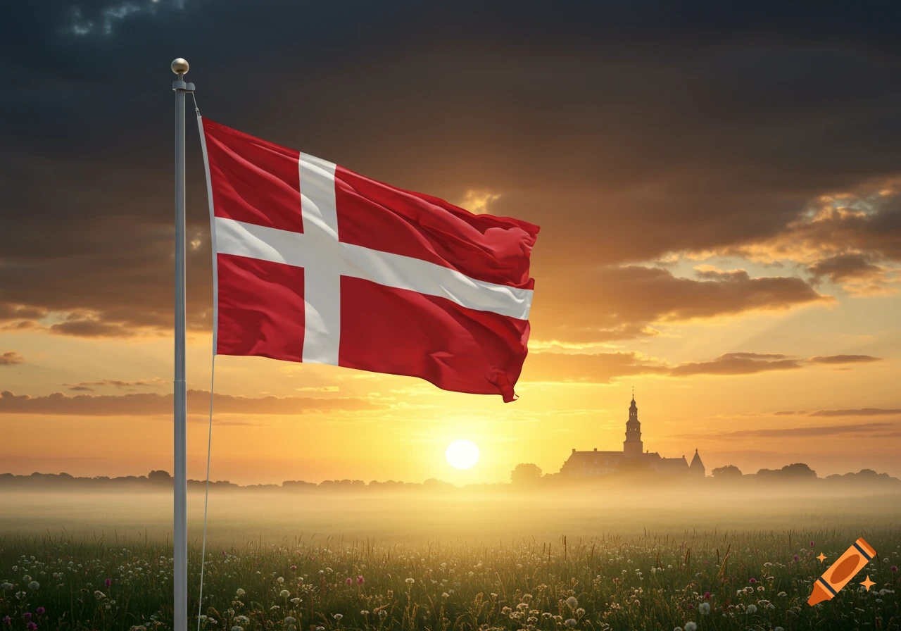 Denmark flag waving on a flagpole in a field of wildflowers at sunset with a castle in the misty background, photorealistic.