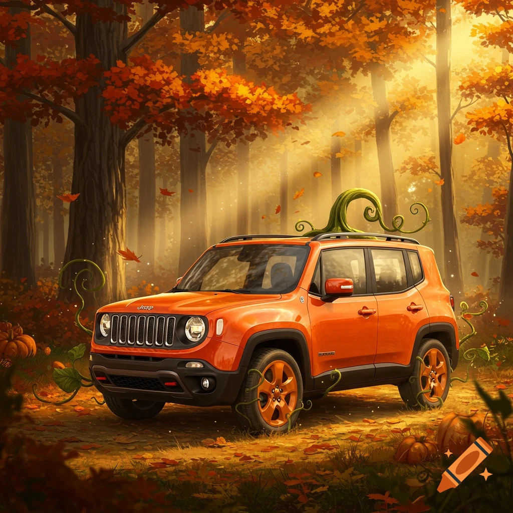 An orange Jeep Renegade with pumpkin vines and a large pumpkin stem on its roof, in an autumn forest with falling leaves and pumpkins.