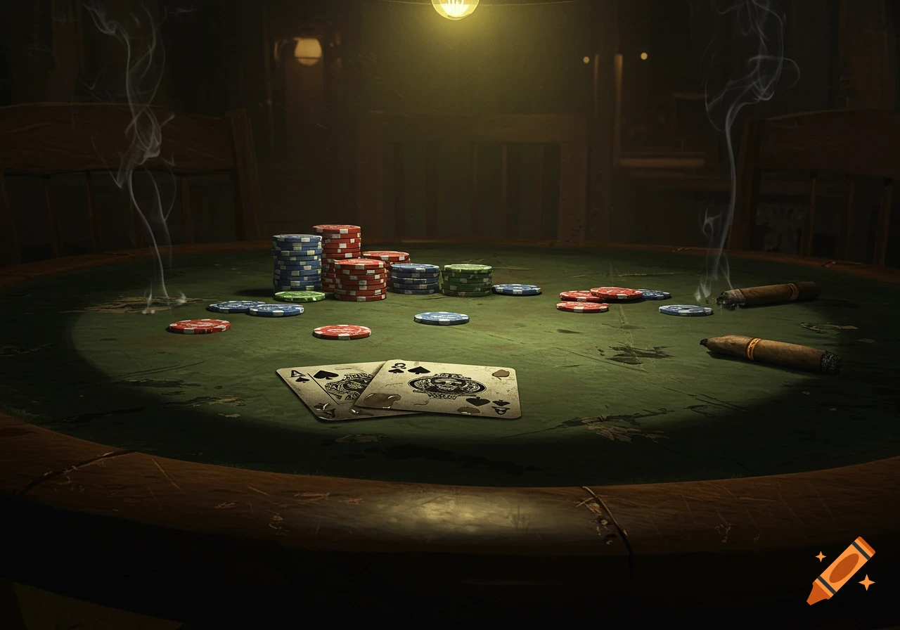 A dimly lit poker table with stacks of chips, two playing cards (Ace of Spades, Queen of Clubs), and two lit cigars emitting smoke, creating a dramatic atmosphere.
