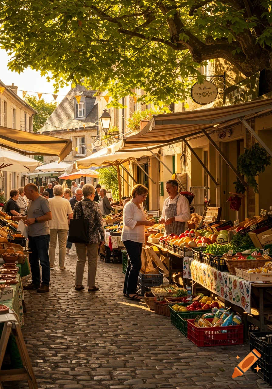 A bustling street market with people browsing fresh produce and goods, under a canopy of green trees and sunny skies.