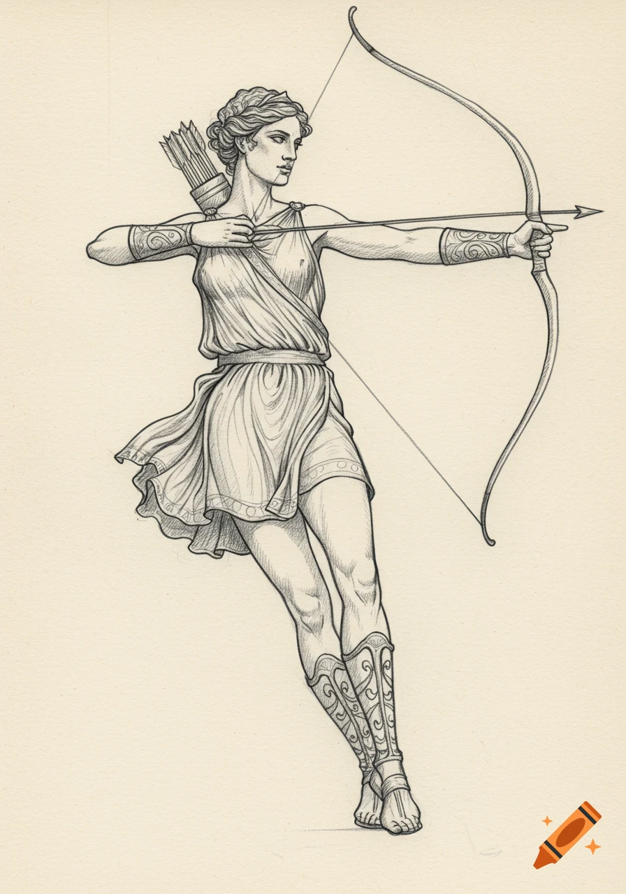 A black and white pencil sketch of the goddess Artemis, an athletic archer, drawing her bow, wearing ancient-style clothes.