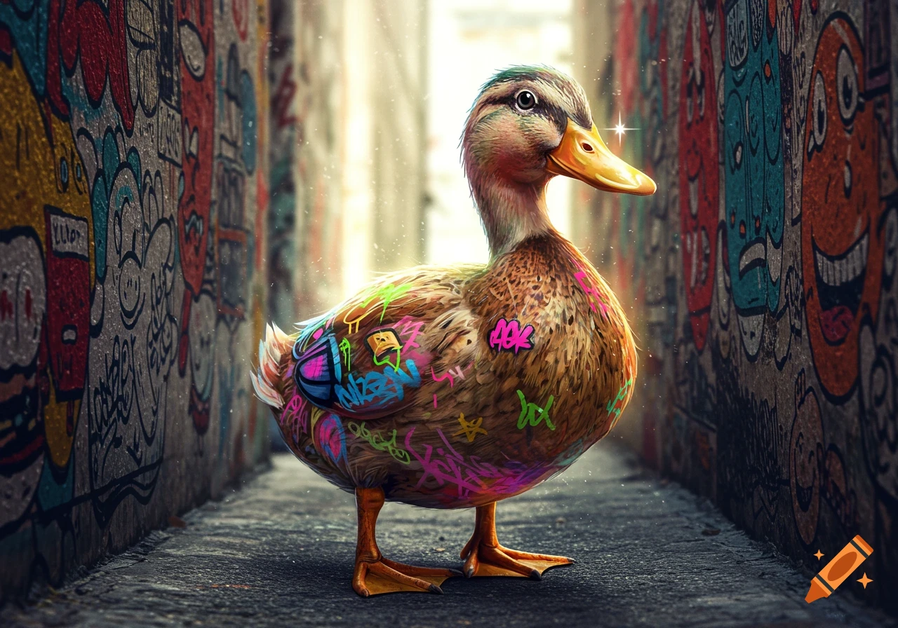 A realistic brown duck covered in colorful graffiti tags stands in a narrow, dimly lit alleyway with graffiti-covered walls.