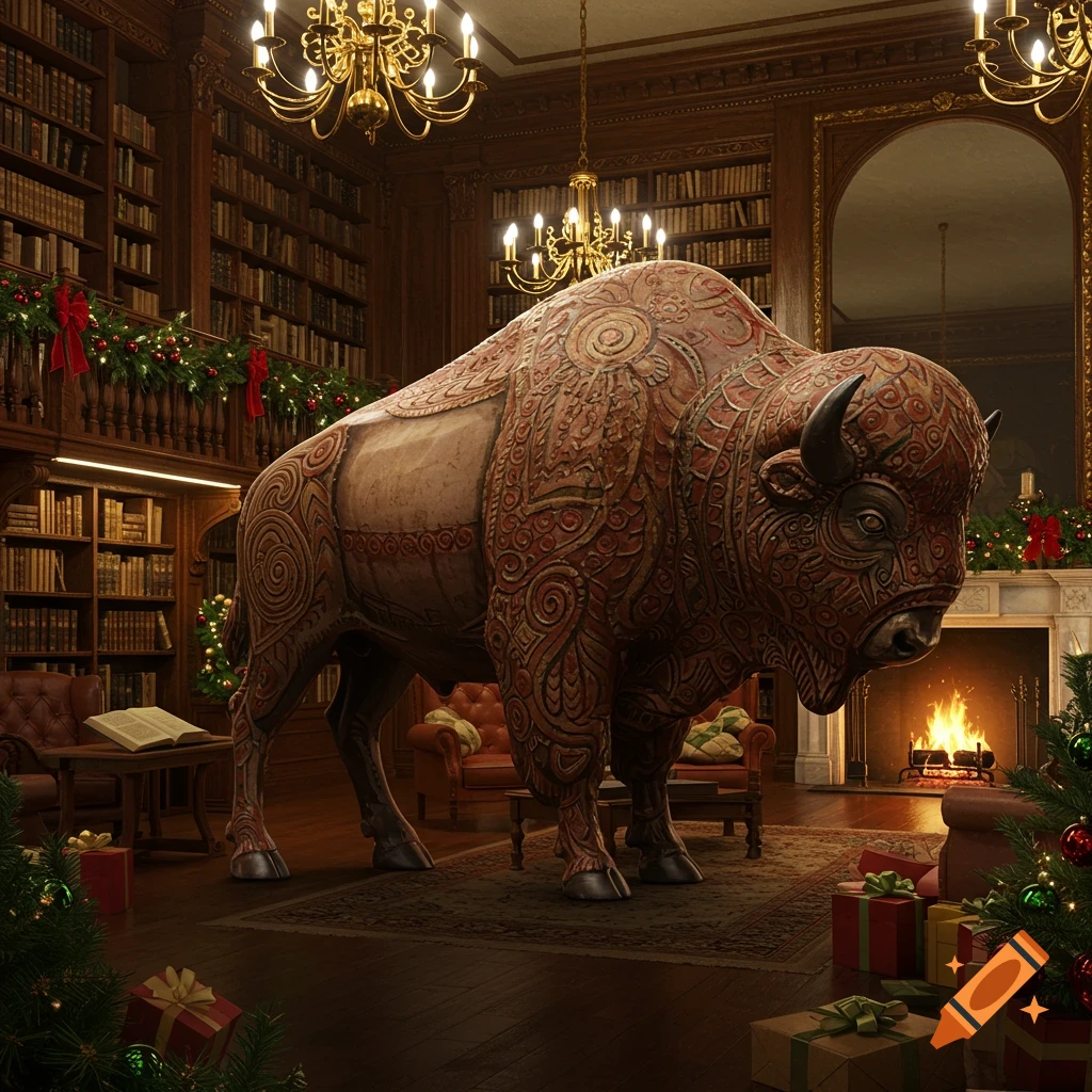 A large, ornate bison ornament stands in an elegant, festively decorated library, with bookshelves and a fireplace.