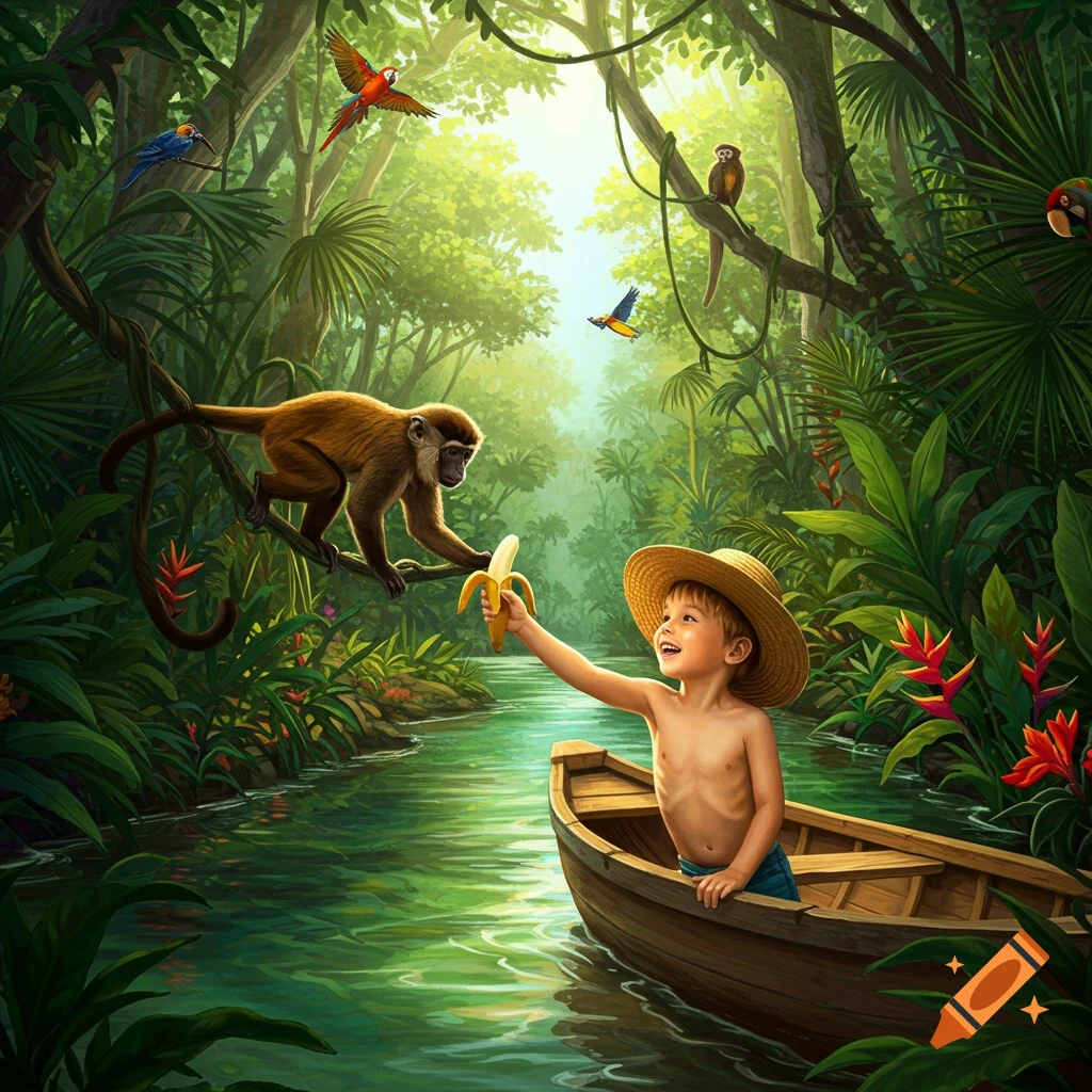 A joyful boy in a straw hat offers a banana to a monkey from a boat on a jungle river, with colorful birds flying.
