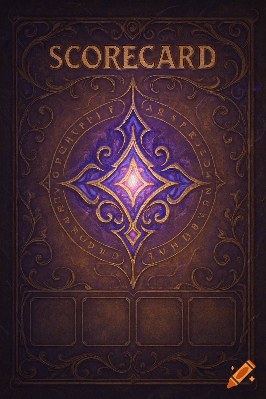 An ornate fantasy scorecard featuring a gold "SCORECARD" title, intricate gold filigree, and a glowing purple central gem on a textured dark background.