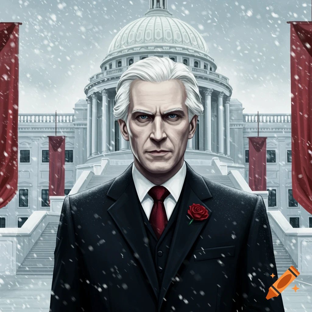 Illustration of a stern man with white hair and blue eyes in a black suit, with a red tie and rose, standing in falling snow before a grand domed building with red banners.