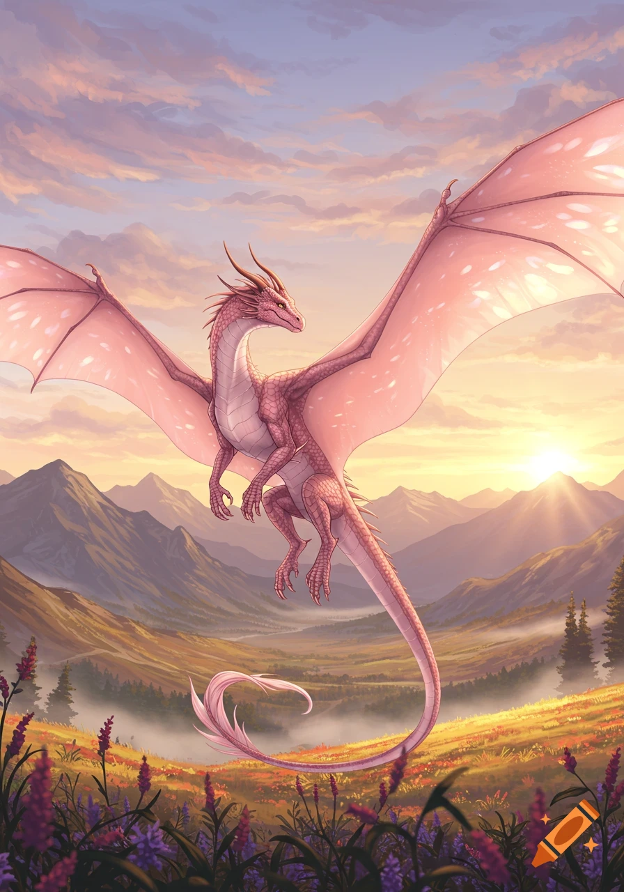 A majestic pink dragon with large wings flies over a colorful valley with mountains and a sunset sky.