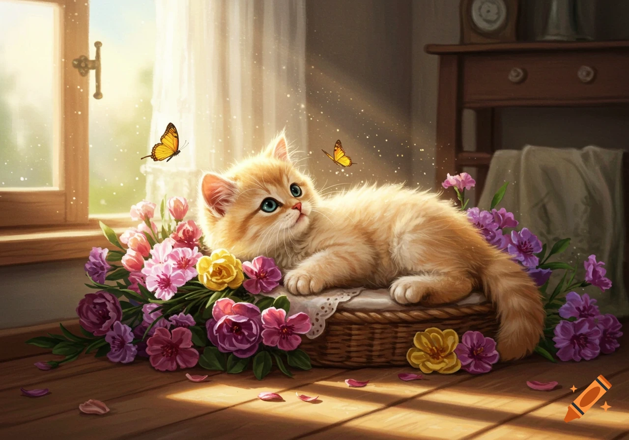 A fluffy orange kitten with blue eyes lies in a woven basket surrounded by pink and purple flowers, with two yellow butterflies in a sunlit room.