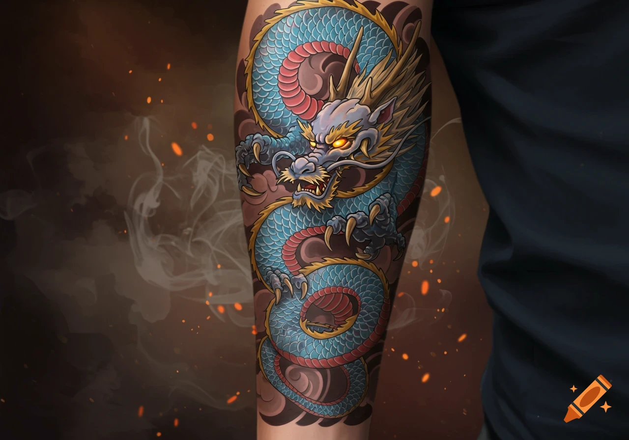 Ornate blue and red dragon tattoo with gold accents on an arm, set against a dark, smoky background with embers.