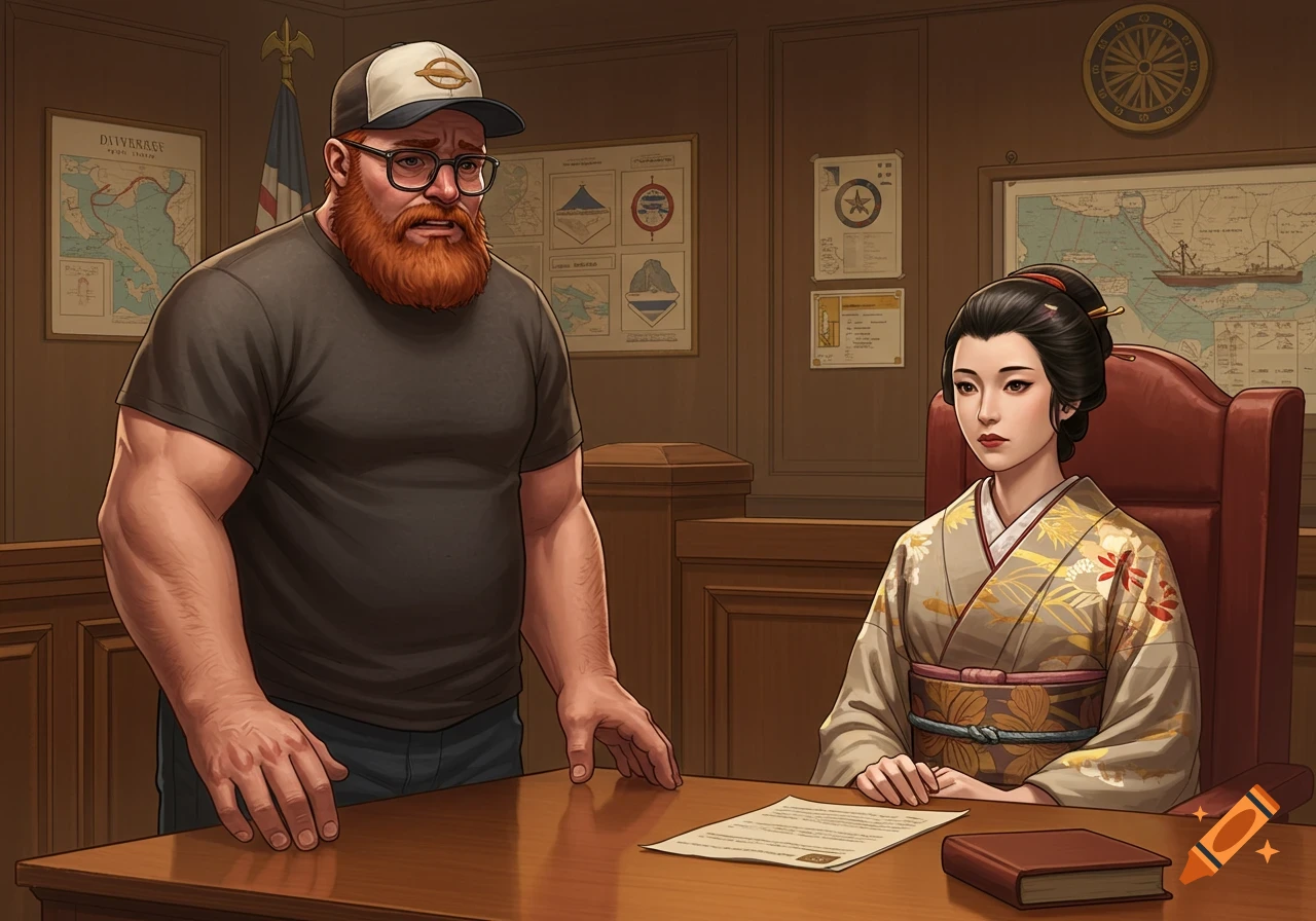 An illustration of a red-bearded man in a baseball cap and glasses standing before a seated Japanese woman in a kimono, in a formal office or courtroom setting with maps on the wall. A document and a book are on the table.