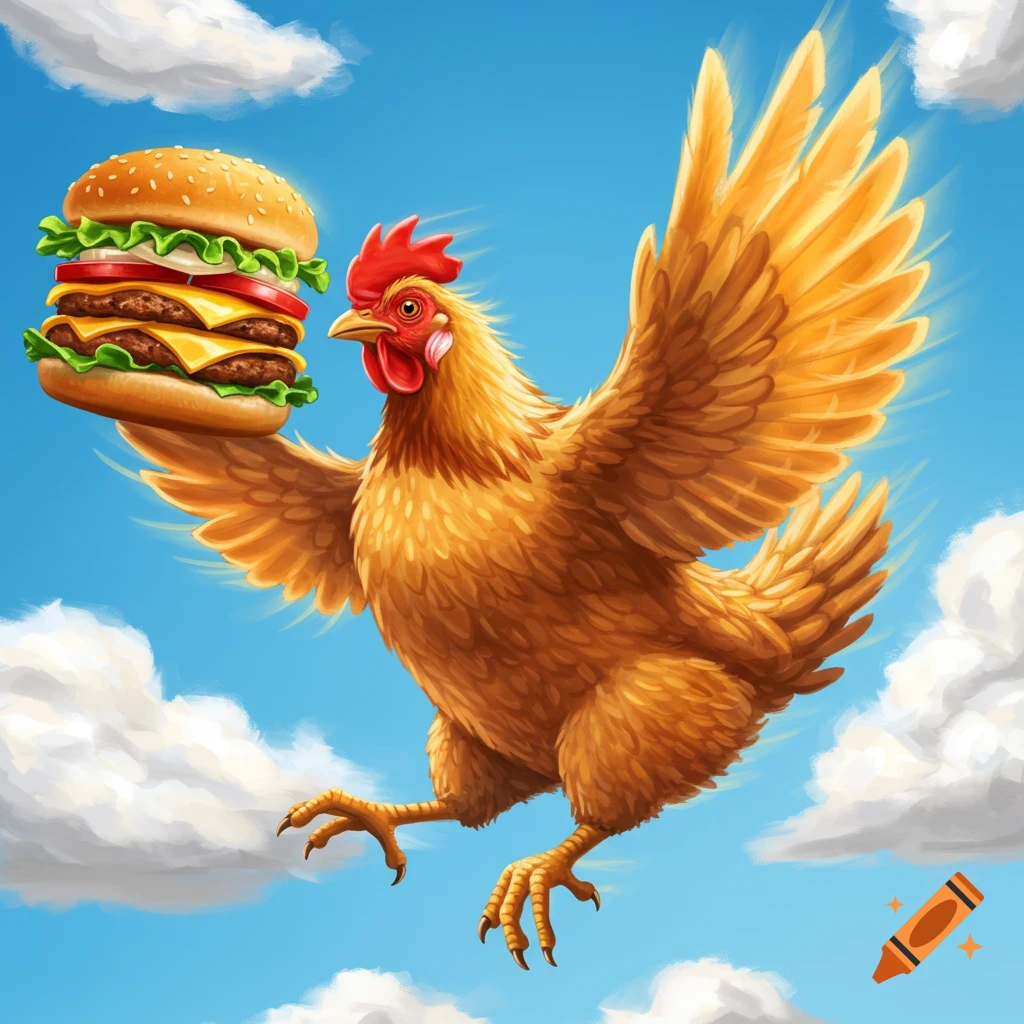 A cartoon chicken with golden feathers flies through a blue sky with white clouds, holding a large double cheeseburger.