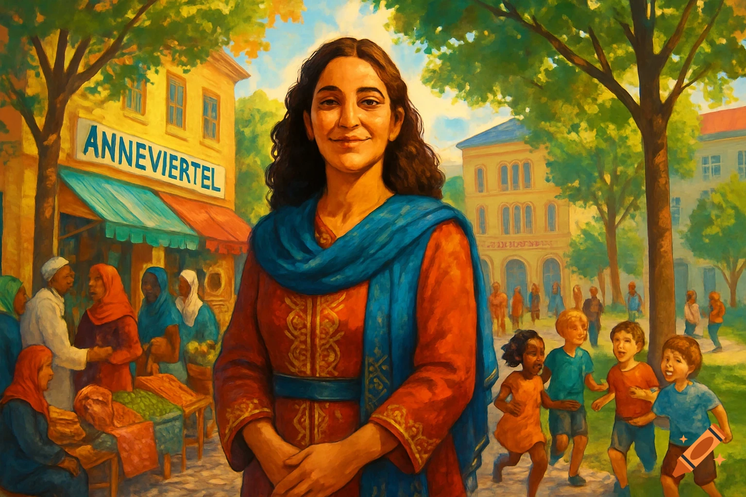 A smiling woman with dark curly hair and a blue scarf stands in a vibrant, painterly street scene with a market, diverse people, and playing children.