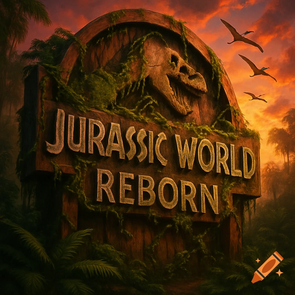A weathered wooden sign for 'Jurassic World Reborn' with a dinosaur skull, covered in vines, in a jungle at sunset with pterodactyls flying.