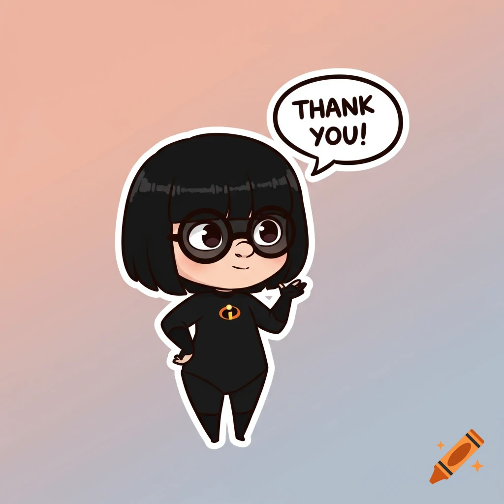 Chibi Edna Mode from The Incredibles in a black suit and round glasses, waving with a speech bubble saying 'THANK YOU!'