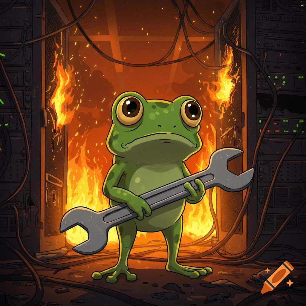 A sad cartoon frog holds a wrench in front of burning server racks, dramatic but cute.