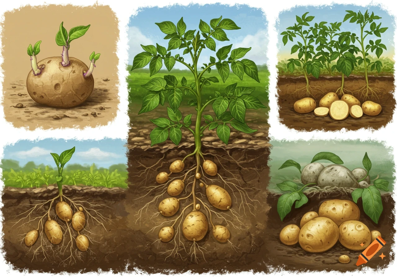 An illustrated diagram showing six stages of a potato plant's life cycle, from sprouting to mature tubers underground.