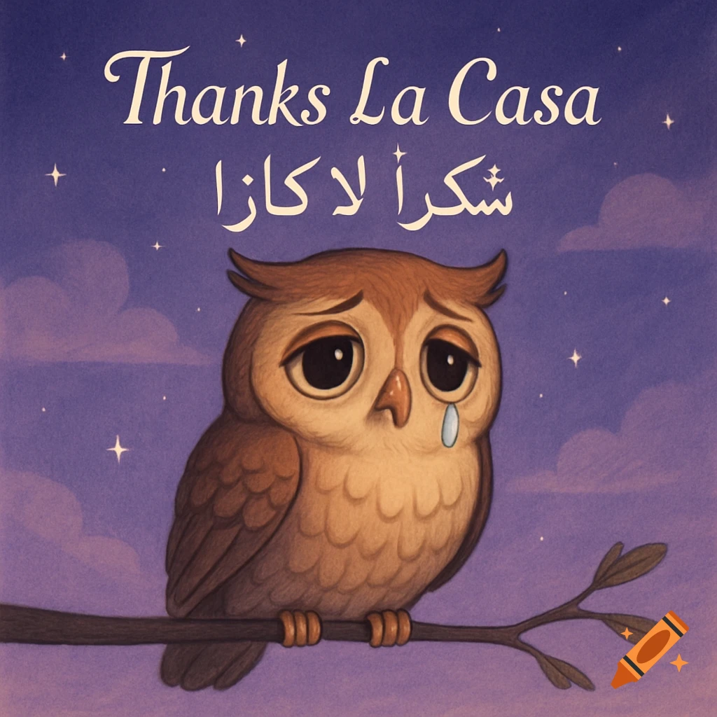 A sad cartoon owl with a tear on its cheek sits on a branch under a twilight sky with stars and clouds. Text "Thanks La Casa" in English and Arabic above.