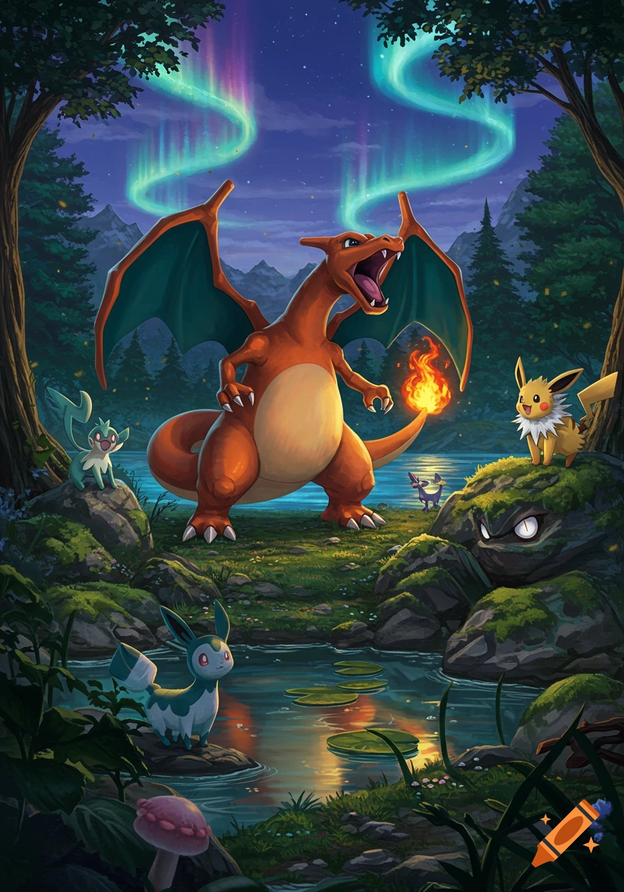 Charizard, Eevee, and Leafeon in a vibrant, magical forest at night with aurora borealis.