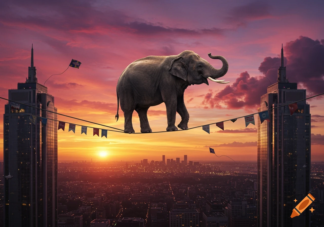 Photorealistic elephant walking on a high wire between two skyscrapers at sunset over a city.