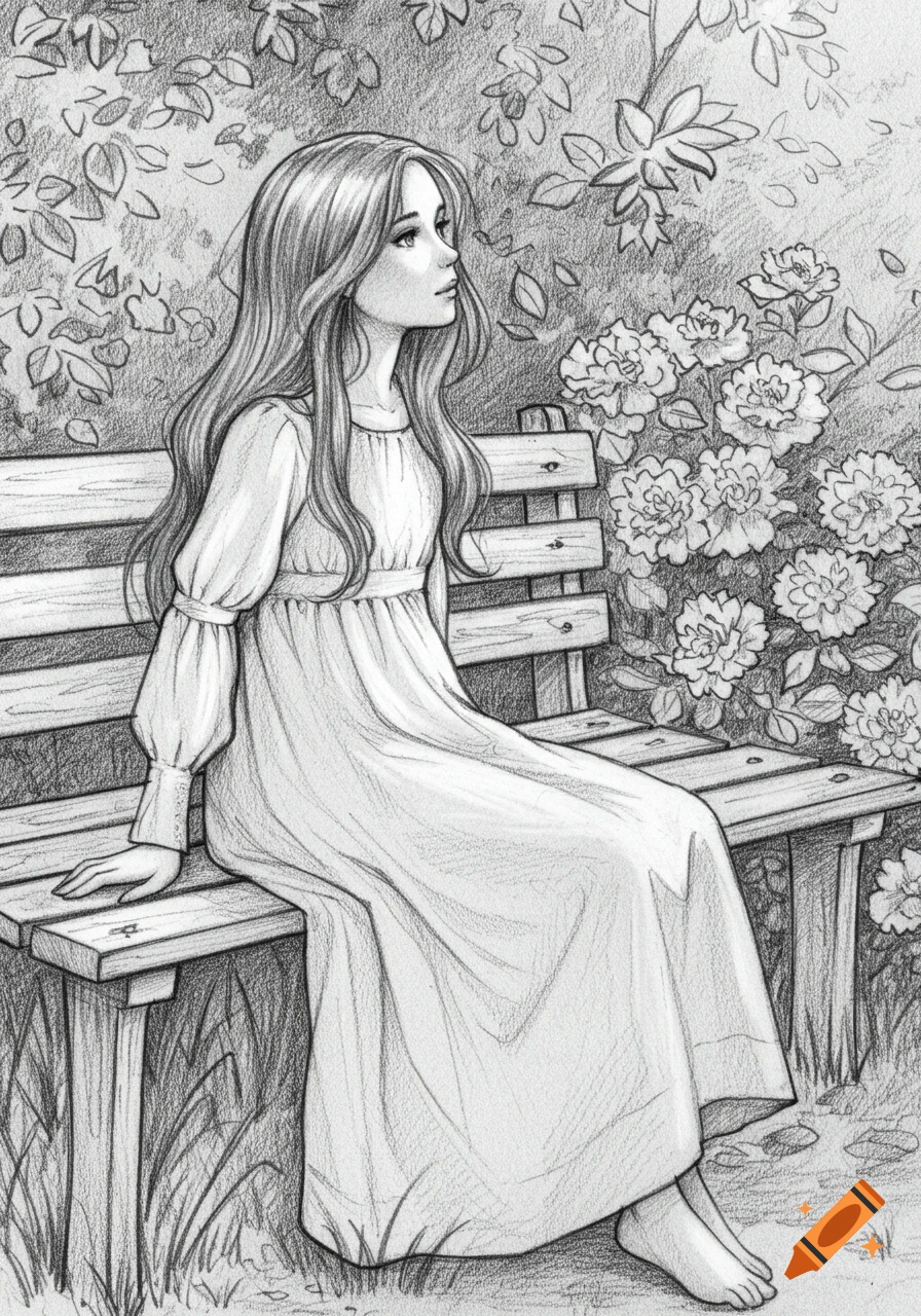 Pencil drawing of a girl with long hair in a long dress, sitting barefoot on a wooden bench in a garden with flowers.