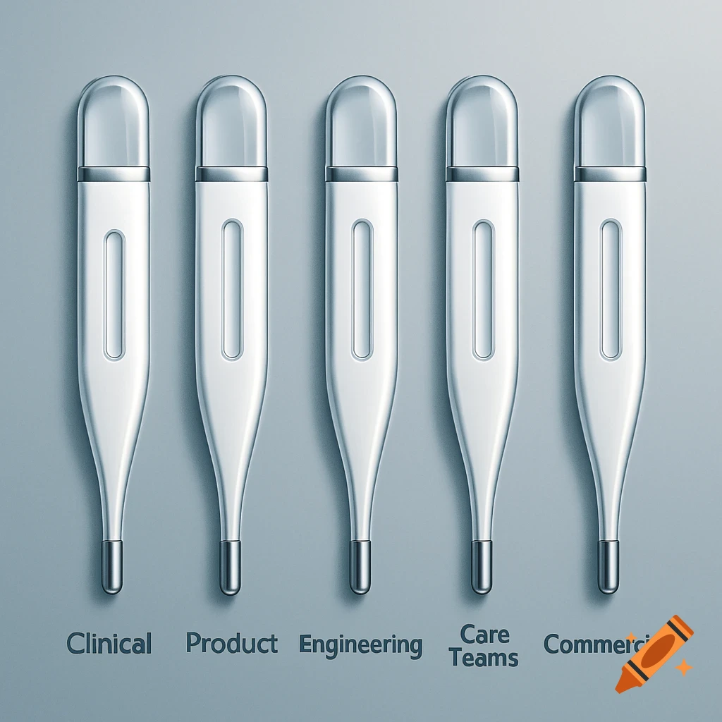 Five white digital thermometers labeled Clinical, Product, Engineering, Care Teams, Commercial, on a gray background.