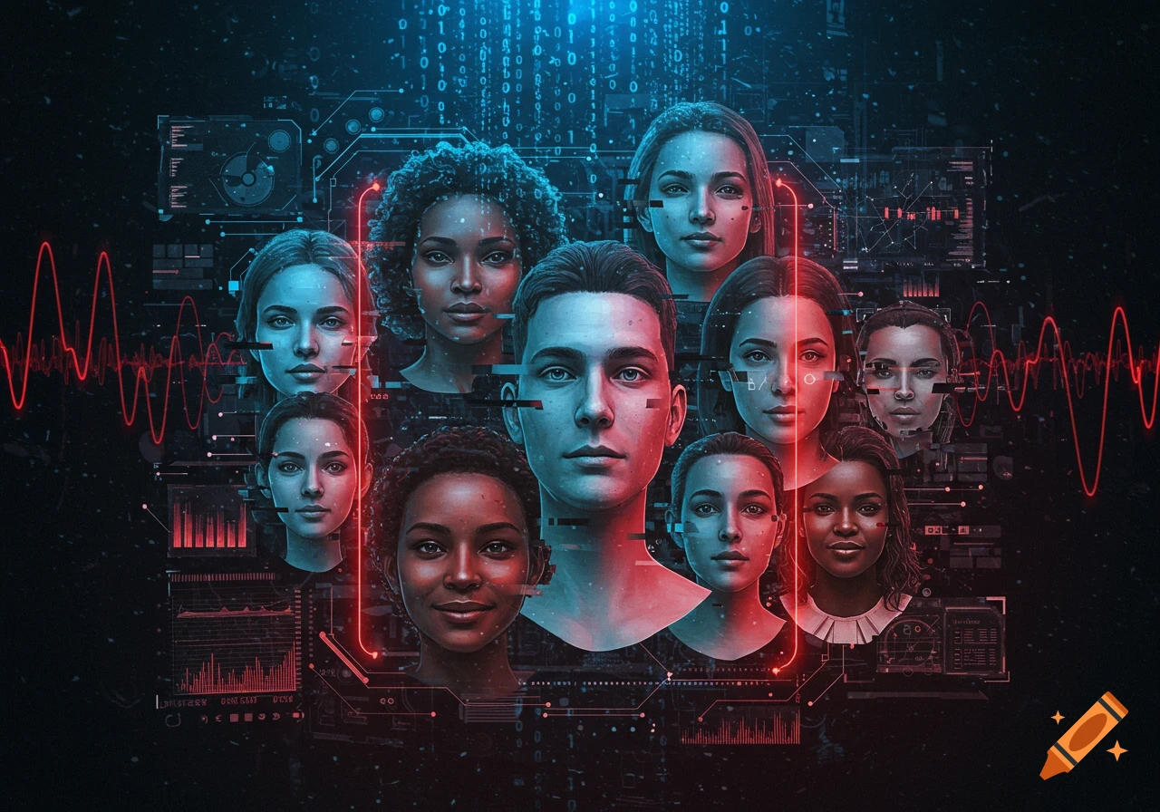 Digital art featuring diverse faces overlaid with red and blue light, circuitry, binary code, and data visualizations on a dark background.