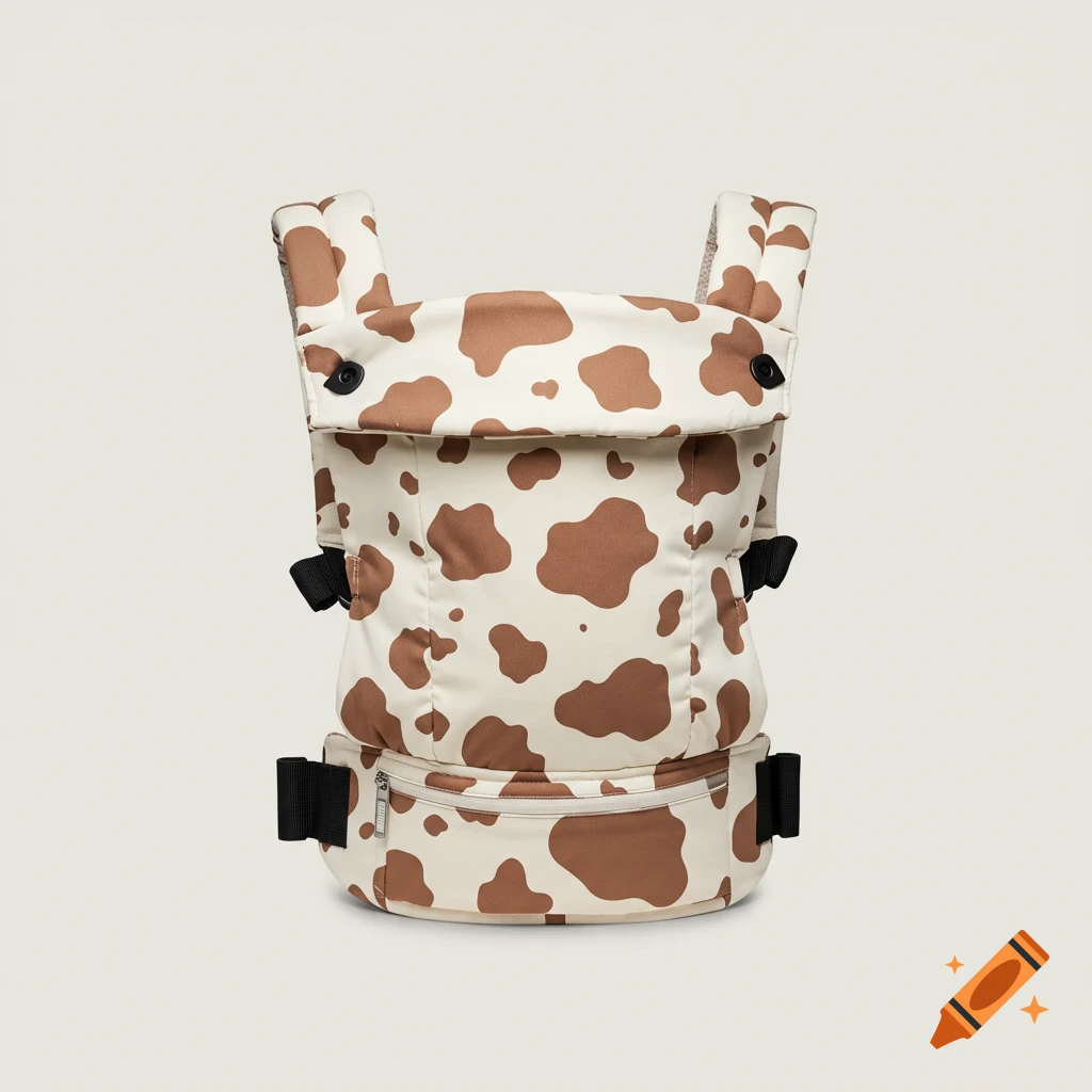 A cream and brown cow print baby carrier stands upright on a light background.
