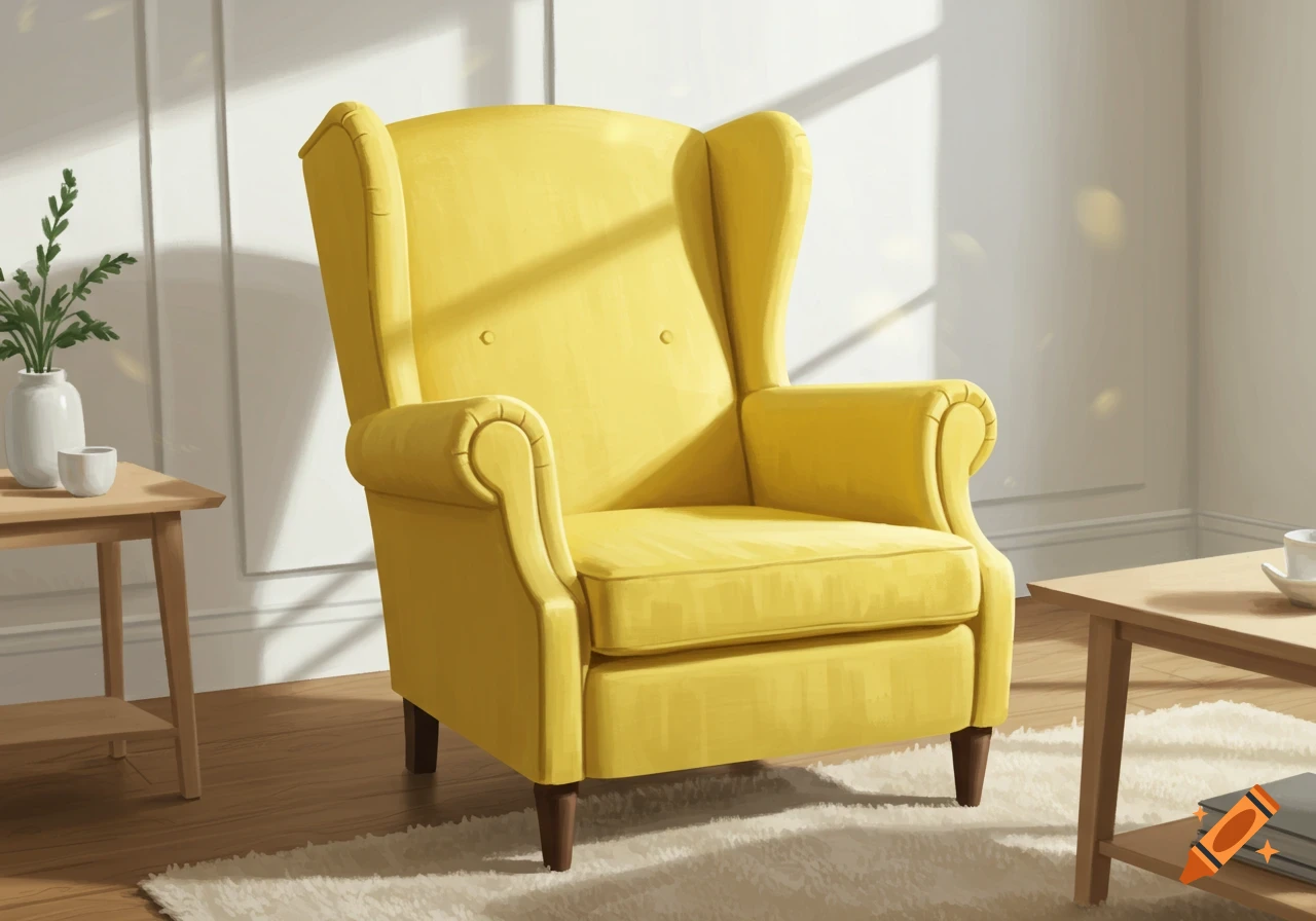 A bright yellow wing-back armchair in a sunlit modern living room with white walls, a neutral rug, and wooden side tables.